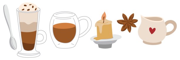一套各种咖啡饮品的杯子。提神咖啡、分层咖啡饮品、八角、蜡烛、奶油。适合传统舒适休闲时光的系列。暖饮。扁平化矢量彩色插画图片下载