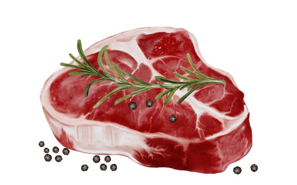 新鲜肉类水彩画插画。食物剪贴画。手绘有机牛肉，配黑胡椒和迷迭香，背景为白色。非常适合食谱设计、餐厅菜单和肉店招牌。图片下载