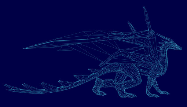 由几何形状和简洁线条构成的多边形线框龙插画，背景为纯蓝色。这款复杂的低多边形设计具有现代数字艺术美感。图片下载