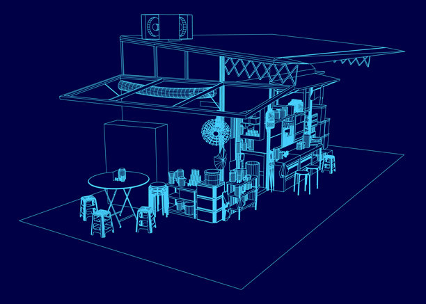 一张食物摊位或酒吧内部的蓝图插画，包含桌椅。各种物品摆放在桌子上，背景为深蓝色，形成干净的轮廓图，适用于设计。图片下载