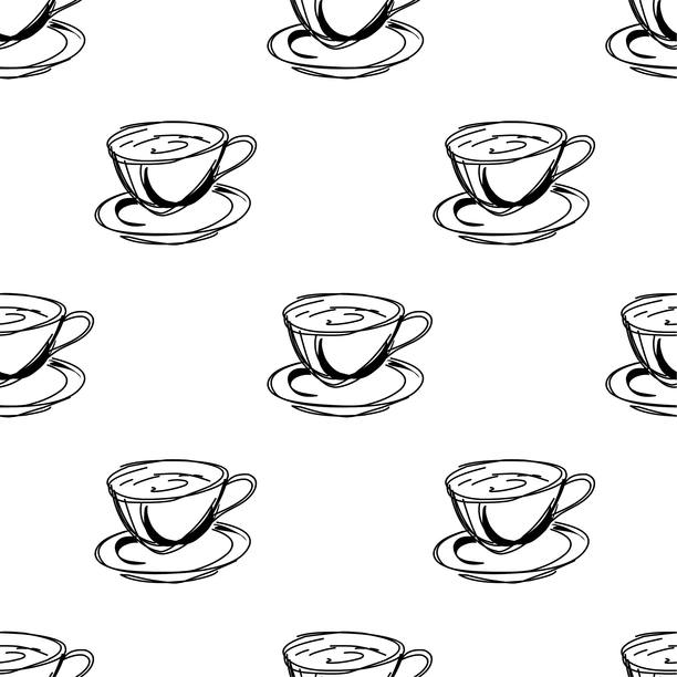 咖啡杯素描插画无缝图案，用于咖啡馆品牌和装饰图片下载