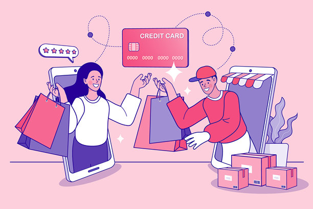 在线购物支付概念，包含信用卡、女性顾客和智能手机屏幕上的送货员。电子商务数字交易、无现金银行和金融科技服务。图片下载