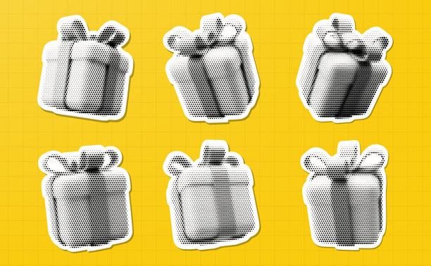 矢量插画 - 一组具有半色调效果的礼品盒。复古拼贴元素，适用于您的数字设计。流行艺术或垃圾摇滚风格的潮流贴纸。图片下载