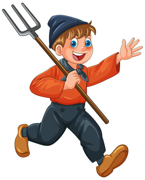 挥舞着干草叉奔跑的荷兰男孩插画图片下载