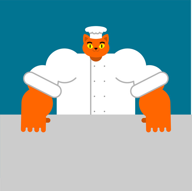 戴着帽子和围裙的猫厨师形象。现代矢量插画，适用于餐厅标志、烹饪应用或有趣的宠物食品品牌。图片下载