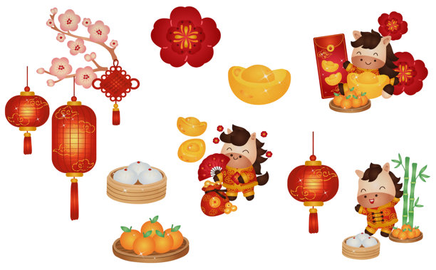 农历新年插画集。中国新年元素水彩手绘风格。亚洲文化节日组合。图片下载