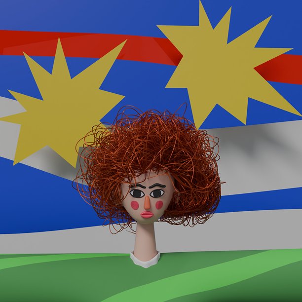 一位红发红鼻子的卡通女性站在蓝色背景前。3D渲染插画，适用于广告和网页。图片下载