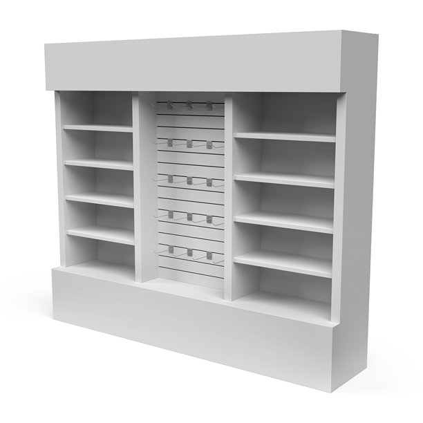 超市促销展示架，PDQ展示。带多个挂钩的板条墙零售展示。销售点。产品展示独特风格的落地展示架。3D渲染插图。图片下载