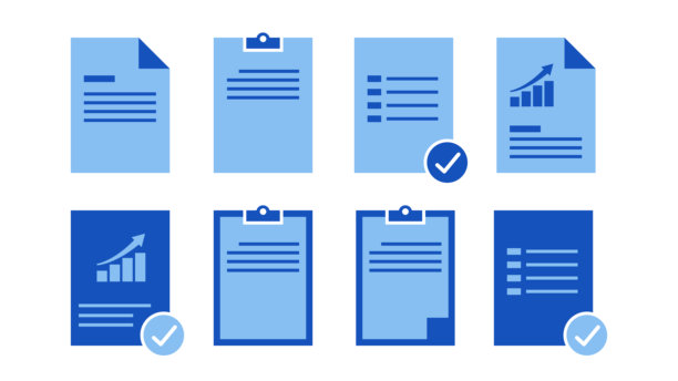 蓝色商务文件插画套装，适用于报告、清单、分析文件、剪贴板表格和企业演示文稿布局，适用于网页和印刷设计图片下载