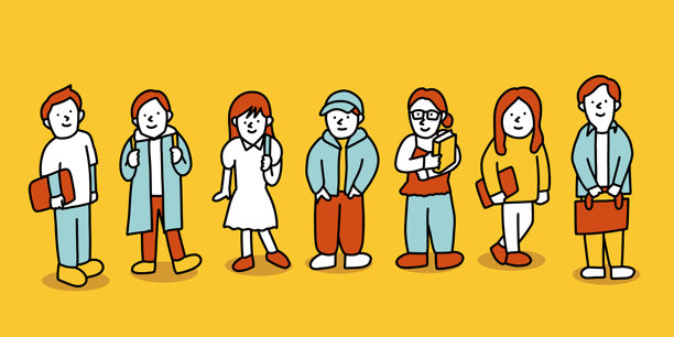 年轻人们和青年人聚集在一起，穿着时尚的潮流服装的插画图片下载