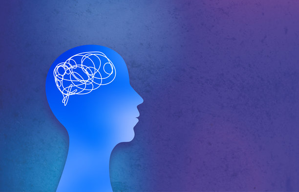 抽象渐变背景上带有涂鸦大脑的蓝色头部剪影，心理健康概念插画图片下载