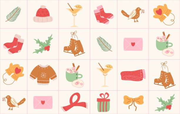 冬季元素无缝图案。现代格子，马赛克风格。帽子、衣服、眼镜、柠檬、围巾、树。适用于印刷、横幅、明信片、商业创意。艺术矢量插画。复古风格图片下载