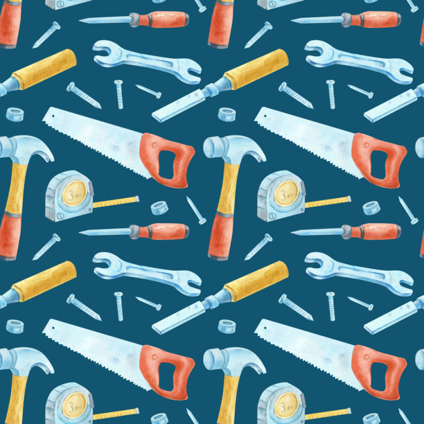 蓝色背景上的建筑工具无缝图案：螺丝刀、扳手、钉子和夹具。车库工具图案包。仅限木工套装。男士生日包装纸。图片下载