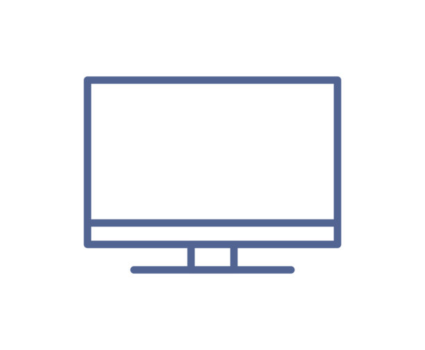 桌面电脑显示器线条图标，PC屏幕显示符号，办公工作站和数字技术设备。图片下载