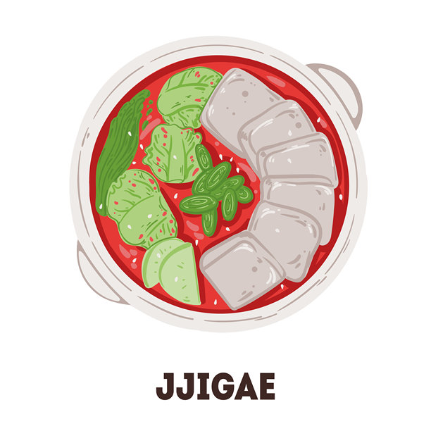 韩式嫩豆腐汤矢量图插画。俯视角度。扁平化风格。图片下载