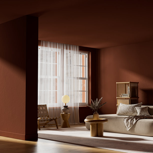 温暖的深色斯堪的纳维亚风格室内设计，带有赤陶墙壁、柔和漫射的光线和极简的负空间，营造出宁静的氛围起居区。3D插画。图片下载