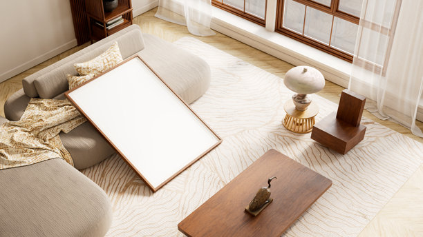 温暖的俯视样机室内设计，极简风格，木质表面，柔软纺织品，雕塑感灯光，营造出视觉平衡、宁静而精致的现代生活环境。三维插画图片下载