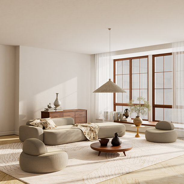 温暖的米色客厅的广角视图，带有木质纹理、雕塑装饰和柔和的日光，营造出优雅宁静的氛围。三维插画。图片下载