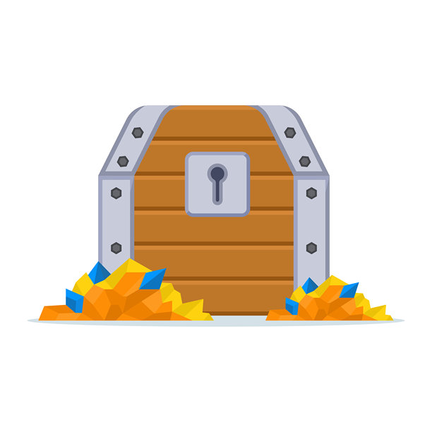 木制宝箱，细节丰富的金色插画。经典的财富宝箱概念，象征着富裕、奢华、奖励和财富，适用于幻想、游戏素材和创意设计。图片下载