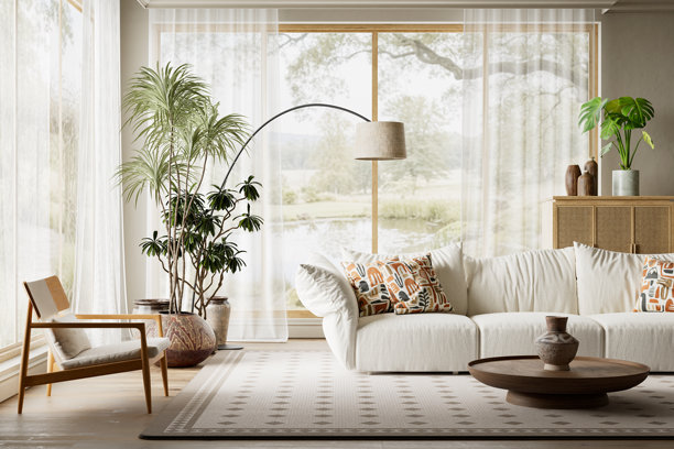 宽敞明亮的现代客厅室内设计，设有大窗户，采自然光，室内绿植和柔和的中性色家具营造出宁静、通风且优雅的家居氛围。三维插画图片下载