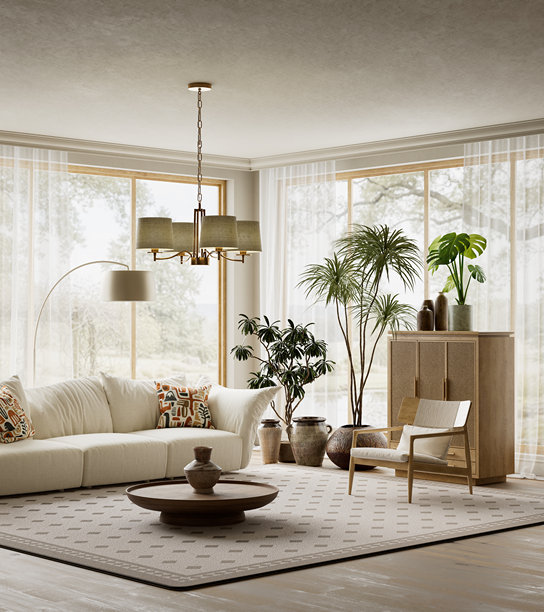 极简自然客厅室内，落地窗，柔和日光，室内绿植和中性家具，营造宁静现代家居环境。三维插画图片下载