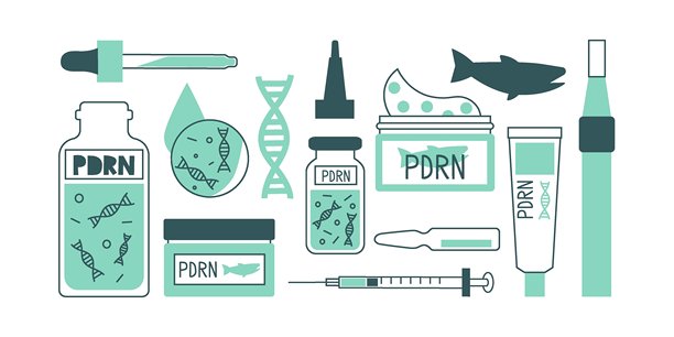 含有三文鱼PDRN的抗衰老无创护肤品。用于面部活化和复兴的韩国美容疗法。精华、面霜、安瓶、微针、注射器。矢量扁平插图集。图片下载