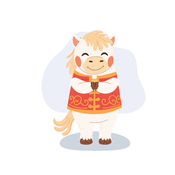 中国新年白马插画，身着传统红色服装，庆祝农历新年图片下载