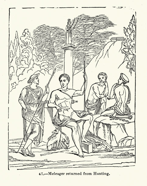 希腊神话，墨勒阿革洛斯狩猎归来，以卡吕冬野猪猎杀而闻名，复古插画图片下载