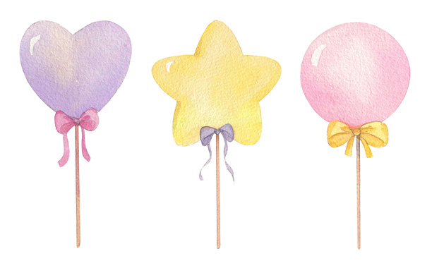 一套色彩鲜艳的圆形、星形和心形棒棒糖。手工水彩插画。适用于织物、包装纸、贺卡、设计、装饰和插画。图片下载