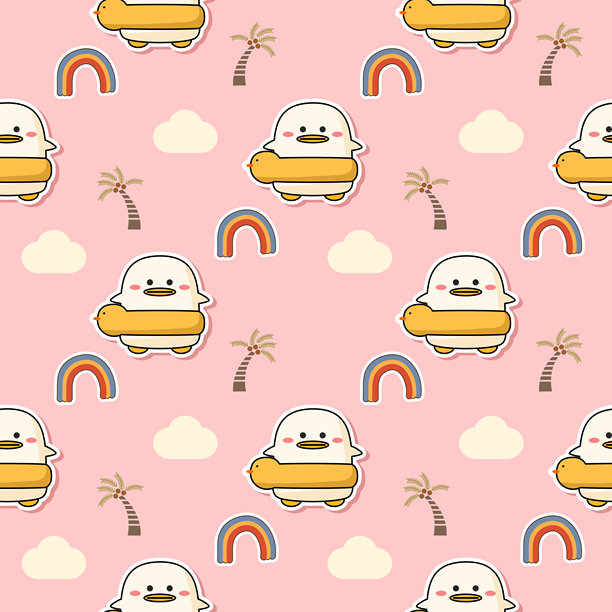 可爱的卡通鸭子游泳圈，背景是彩虹、树和粉色云朵。无缝矢量插画图案。图片下载