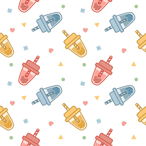 泡泡奶茶，色彩鲜艳，卡通风格，超级可爱，几何白色背景，无缝图案矢量插画。图片下载