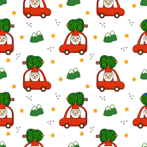圣诞老人可爱地驾车卡通图。树、山、星星、白色的背景。无缝图案矢量插画。图片下载