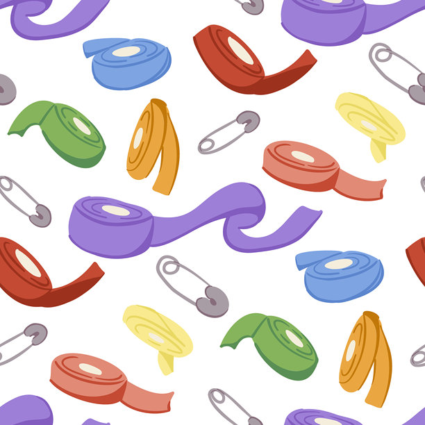 彩色胶带卷和安全别针组成的俏皮无缝图案，孤立在白色背景上，带有简单的扁平形状。插画代表了手工创作的创意和缝纫用品。图片下载