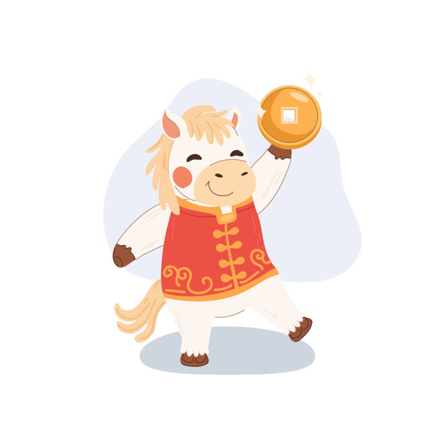 可爱的白马闭着眼睛举着金币庆祝中国新年。十二生肖插画。图片下载