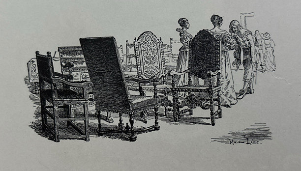 复古插画 - 意大利女性站在巨大的椅子前图片下载