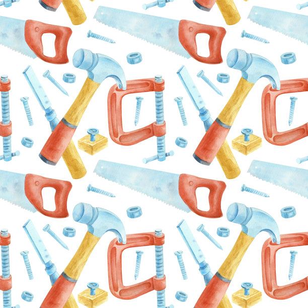 白色背景上的建筑工具无缝图案：螺丝刀、扳手、钉子和夹具。车库工具图案包。仅限木工套装。男士生日包装纸。图片下载