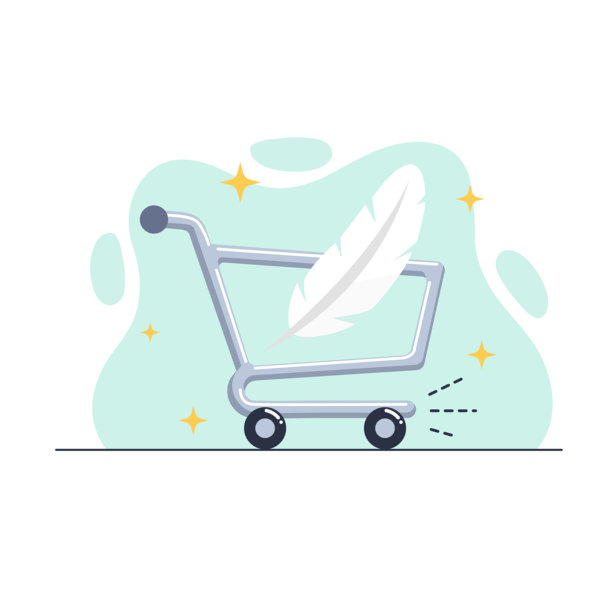 空状态UI插画：一片羽毛象征性地放置在一个移动的购物车内，扁平化设计矢量图图片下载