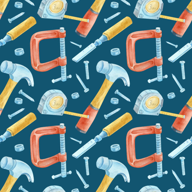 蓝色背景上的建筑工具无缝图案：螺丝刀、扳手、钉子和夹具。车库工具图案套装。仅木工套装。男士生日包装纸。图片下载