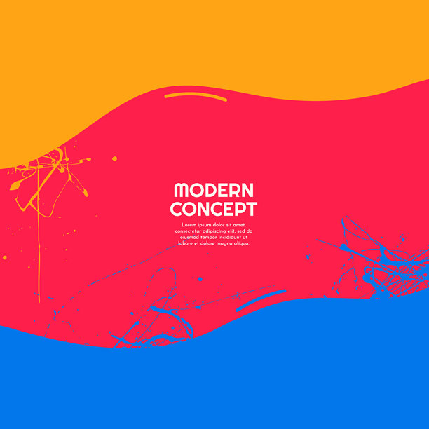矢量插画。抽象的当代美学背景集，包含流动的有机形状和油漆飞溅效果。现代概念设计，采用鲜艳的蓝色、红色和橙色。图片下载