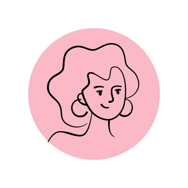 极简风格的线条艺术头像，描绘美丽的女性肖像，矢量扁平卡通插画。女性面部特征是波浪形头发和耳环，圆形图标，适用于头像、社交媒体、应用和品牌设计。图片下载