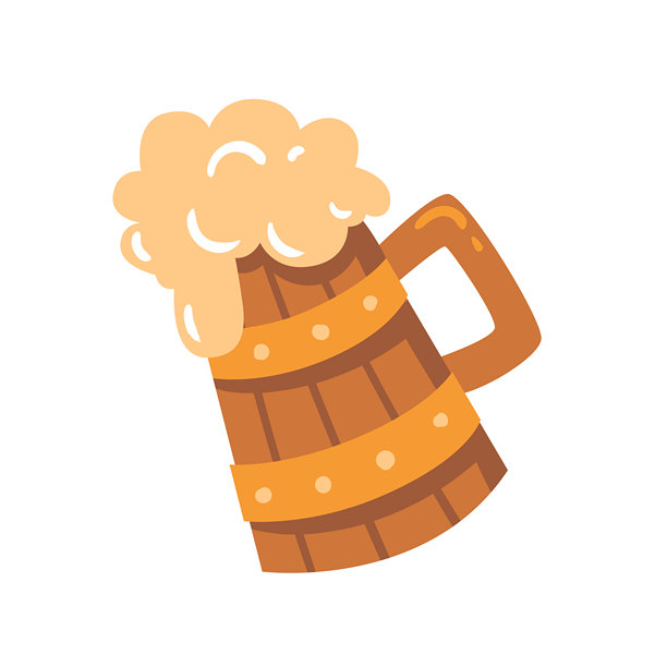 卡通风格的木制啤酒杯。趣味插画，适用于圣帕特里克节邀请函、海报、派对图文和酒吧主题设计。图片下载