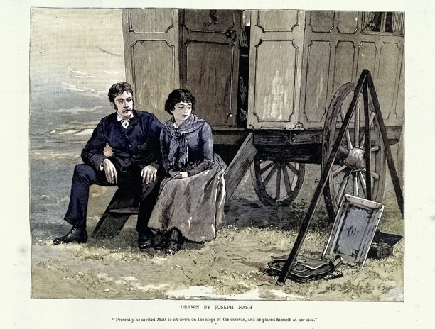 年轻夫妇坐在大篷车的台阶上，《马特》一书中的场景：罗伯特·布坎南的小说，维多利亚时代，复古插画，19世纪 1880年代图片下载