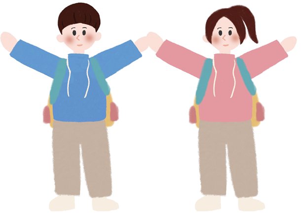两个可爱的学生背着书包手牵手，扁平插画图片下载