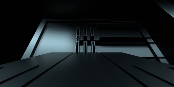 3D渲染的白色霓虹灯发光飞船走廊，深色背景。适用于广告、展厅、科技、未来、现代、电子竞技、游戏、车库等场景。科幻插画。产品展示图片下载