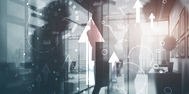 商业智能仪表板和向上的箭头，虚拟屏幕电脑界面上的关键绩效指标图片下载