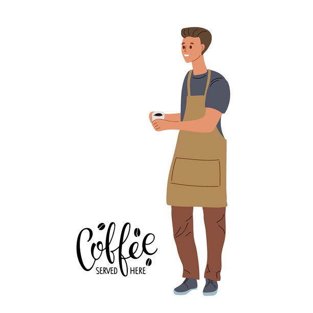 咖啡店。此处供应咖啡书法字样招牌及微笑的男咖啡师。男店员穿着专业品牌围裙，手持一杯黑咖啡。扁平化风格的咖啡服务插画。图片下载