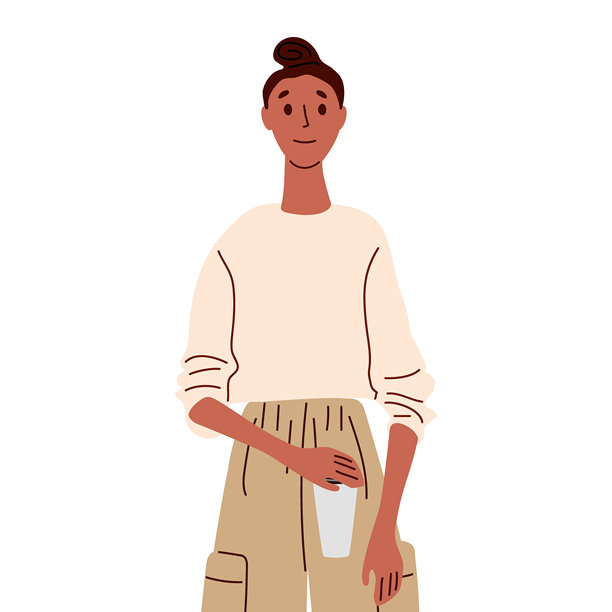 一个拿着杯子的人。一位穿着休闲服的黑人女性，手里拿着外带咖啡杯。平面矢量插画，孤立在白色背景上。咖啡爱好者。图片下载