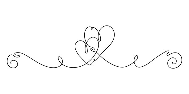 连续线条心形图案。单线矢量插画爱心符号。云朵单线。浪漫轮廓心形，边框或分隔元素。线条艺术风格的单个心形，适用于婚礼、情人节、母亲节设计。图片下载