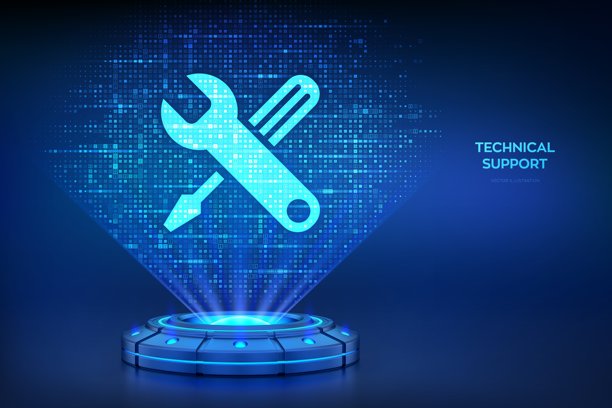 技术支持科技概念。全息平台投射出由二进制代码组成的闪亮科技支持图标。客户帮助。在线技术支持。客户服务。矢量插画图片下载