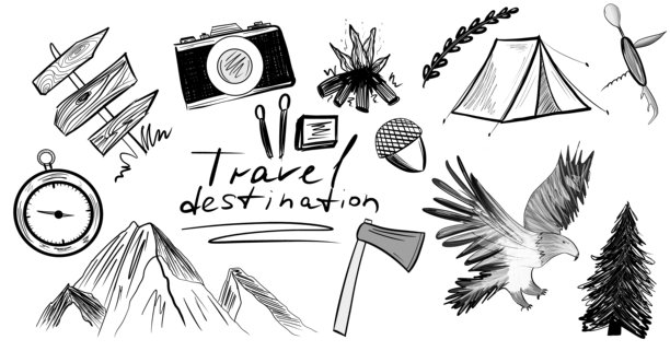 旅行目的地概念，包含各种手绘的户外和露营元素。以冒险和探索为主题的插画，适合度假和徒步旅行。图片下载